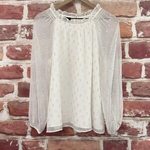 Talbots Top Womens M White Silver Metallic Abstract Chic Sheer Ruffle Neck Shirt